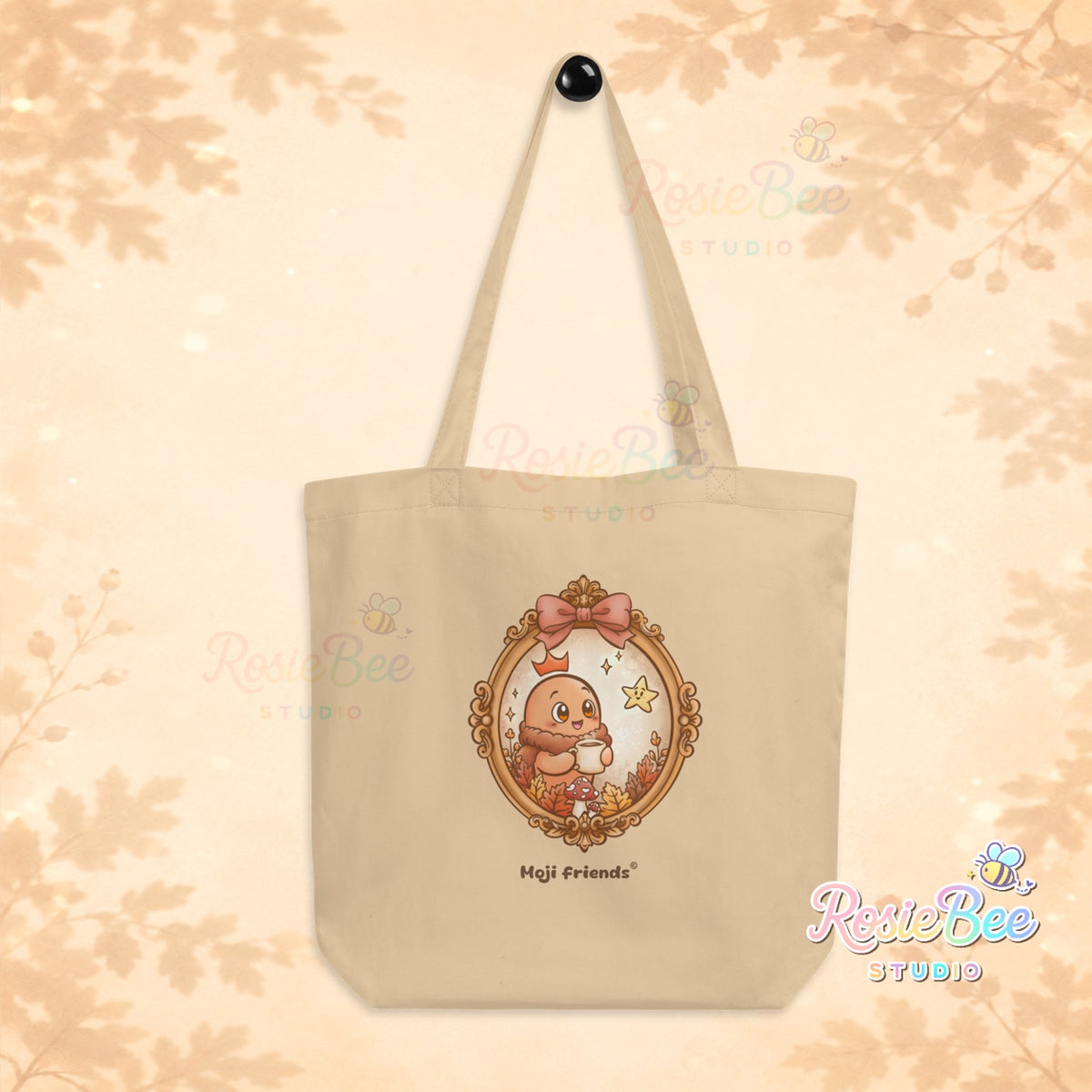Naturelkleurige A New Chapter tote bag van biologisch katoen met herfstillustratie van Moji Friend Moed en sterretje Hoop van RosieBee Studio.