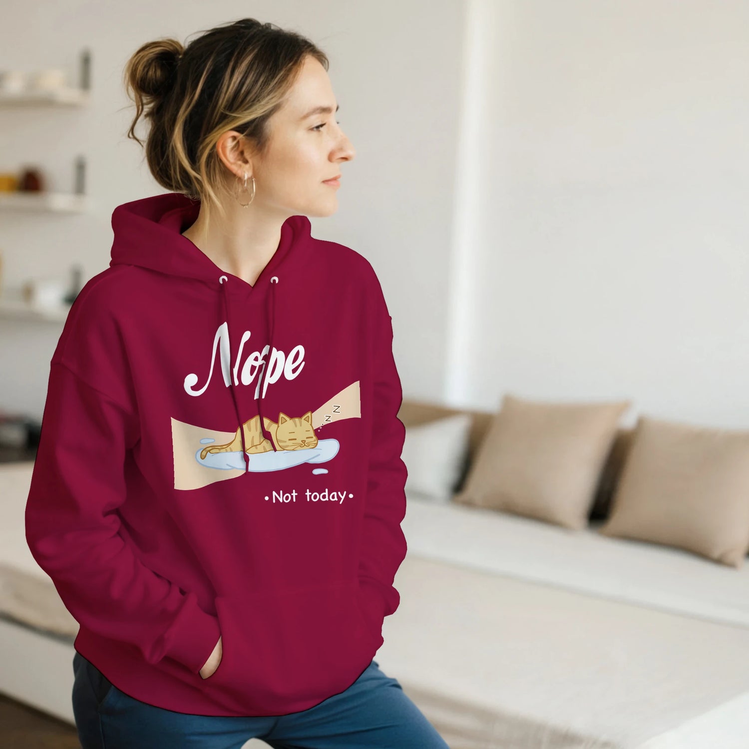 “Kawaii cat hoodie – cat sleeping on cloud with 'Nope, Not Today' print in pastel pink”