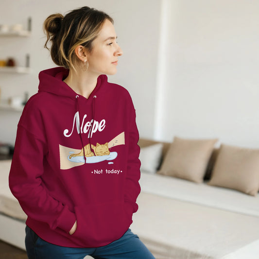 “Kawaii cat hoodie – cat sleeping on cloud with 'Nope, Not Today' print in pastel pink”