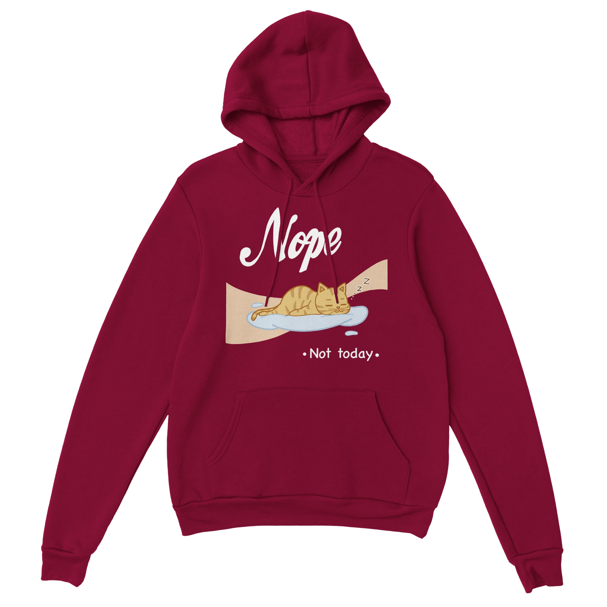 “Kawaii cat hoodie – cat sleeping on cloud with 'Nope, Not Today' print in pastel pink”