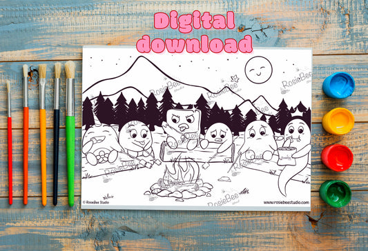 Printable Moji Friends Colouring Page - Digital Download | Camping Themed Colouring Sheet | Digital Art