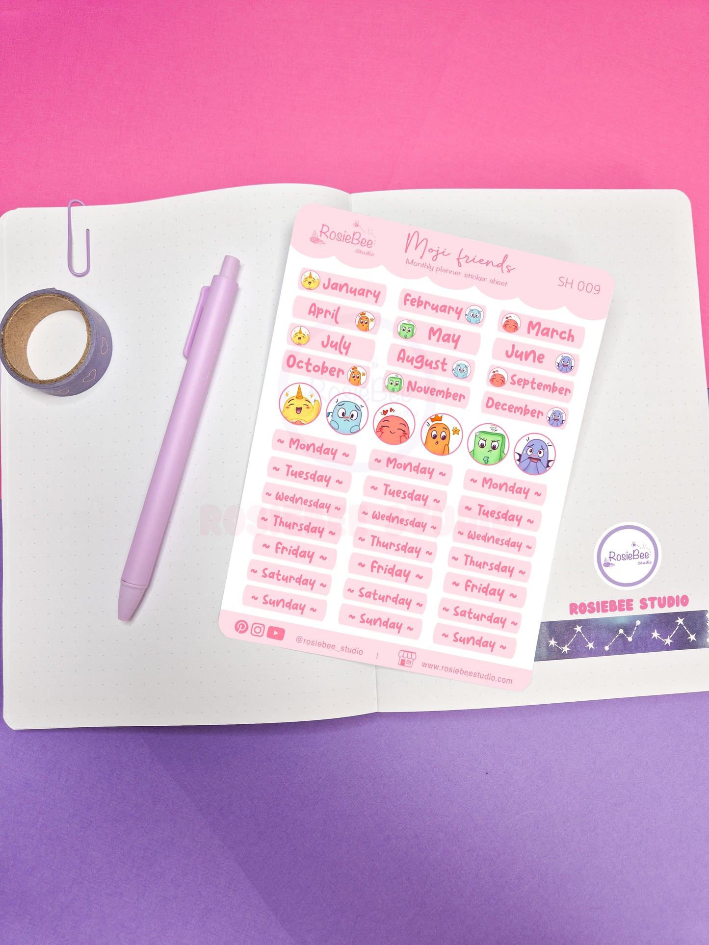 Monthly Planner Months & Weekdays B6 Sticker Sheet - Cute Moji Friends Planner Design | Kawaii Stationery Plan Your Year Stickers | SH009
