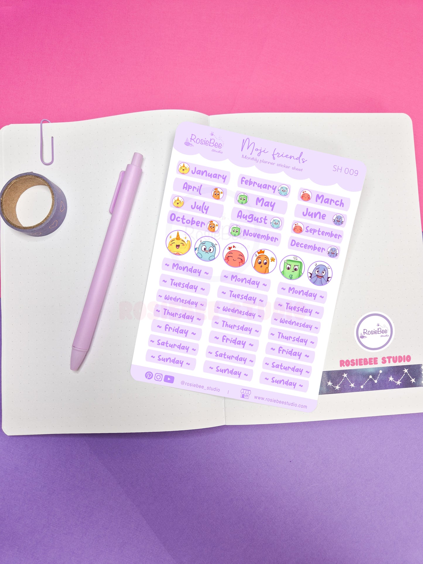 Monthly Planner Months & Weekdays B6 Sticker Sheet - Cute Moji Friends Planner Design | Kawaii Stationery Plan Your Year Stickers | SH009