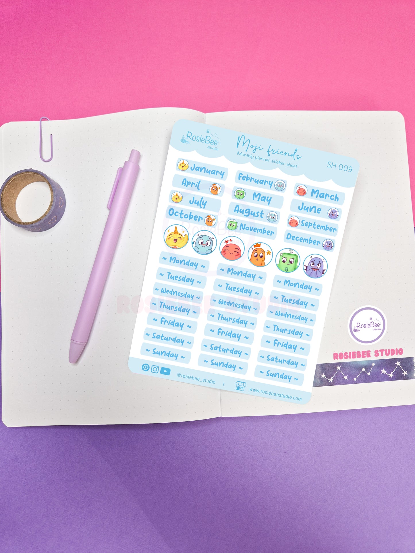 Monthly Planner Months & Weekdays B6 Sticker Sheet - Cute Moji Friends Planner Design | Kawaii Stationery Plan Your Year Stickers | SH009