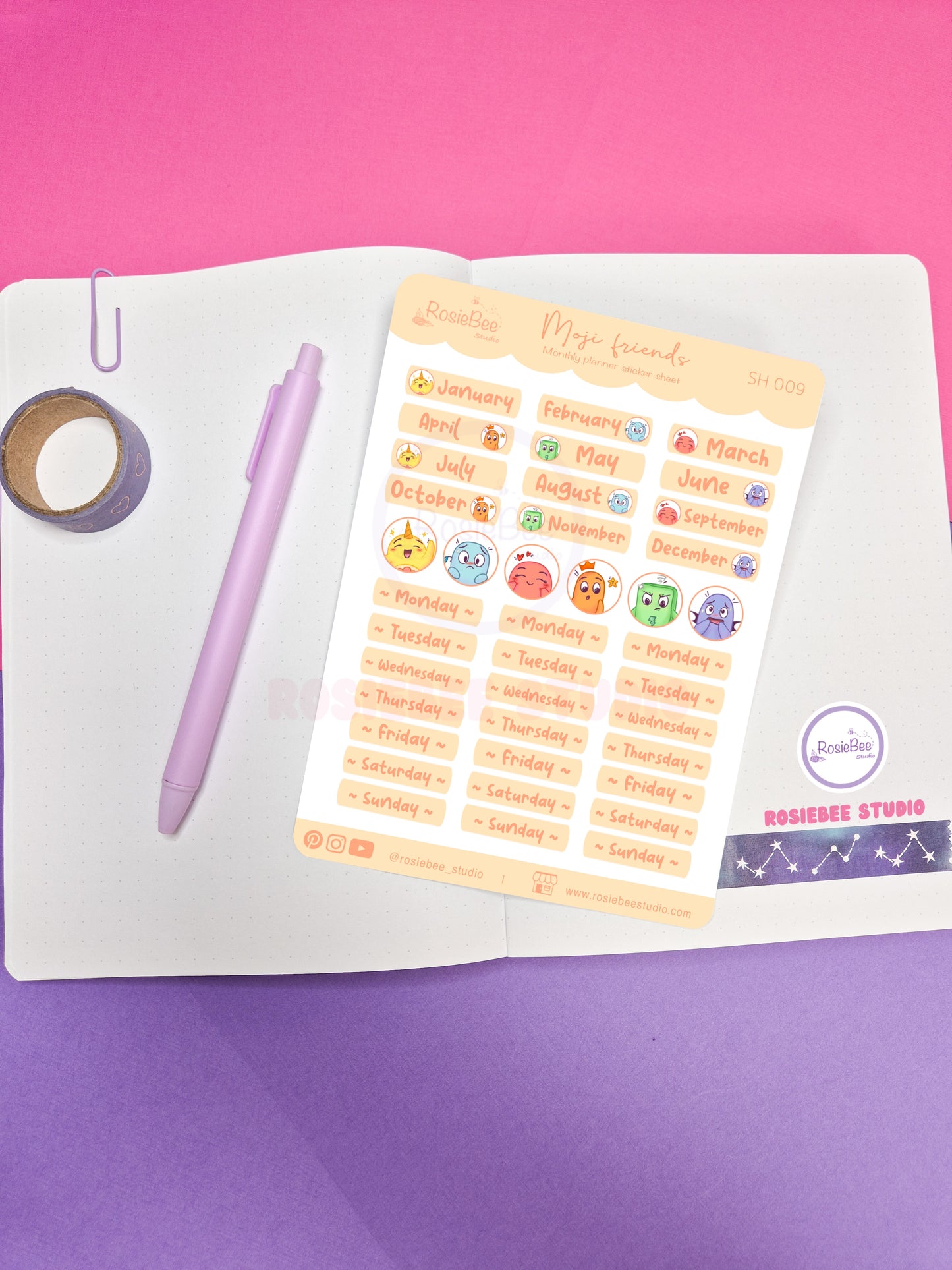 Monthly Planner Months & Weekdays B6 Sticker Sheet - Cute Moji Friends Planner Design | Kawaii Stationery Plan Your Year Stickers | SH009
