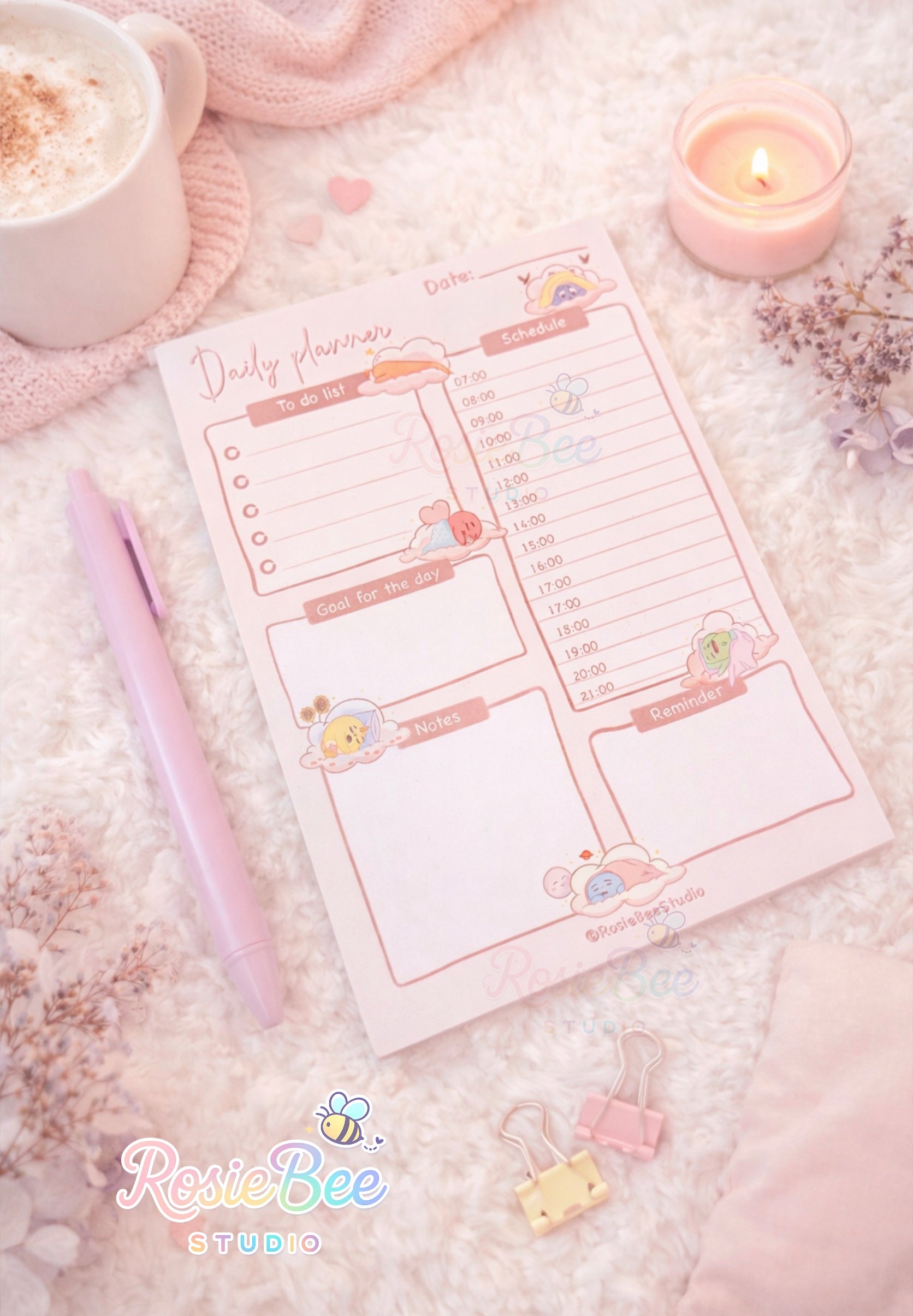 A6 daily planner notepad “Keep on Dreaming” met Moji Friends op fluffy wolkjes, 50 afscheurvellen, pastel kawaii stationery van RosieBee Studio.  