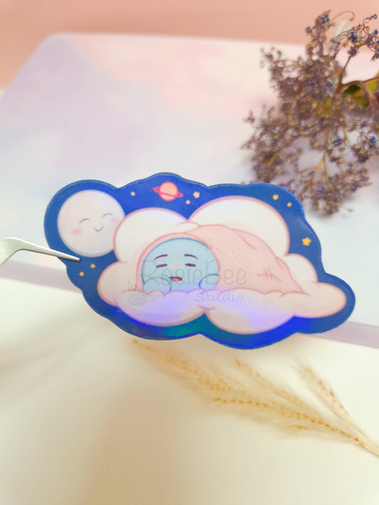 Glanzende Moji Friend Verdriet vinyl sticker met zachte pastel kleuren en kawaii design