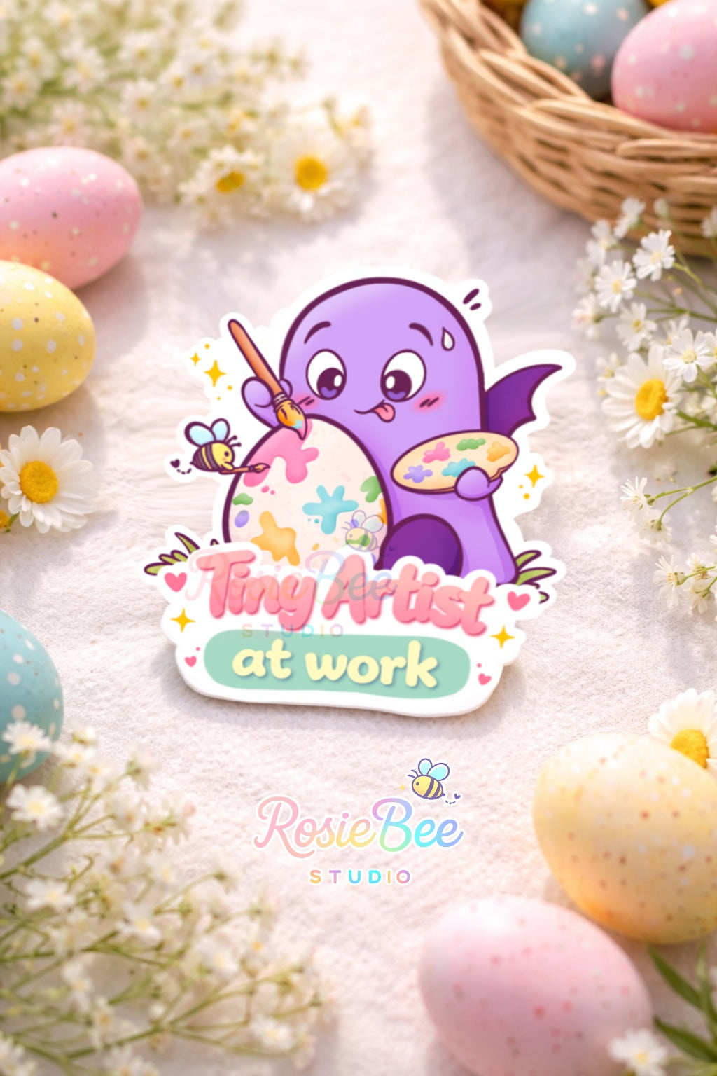 Glossy vinyl sticker van Moji Friend Angst die samen met het RosieBee bijtje een paasei schildert, met de quote “Tiny Artist at Work”, liggend tussen pastel paaseieren en kleine witte bloemetjes.