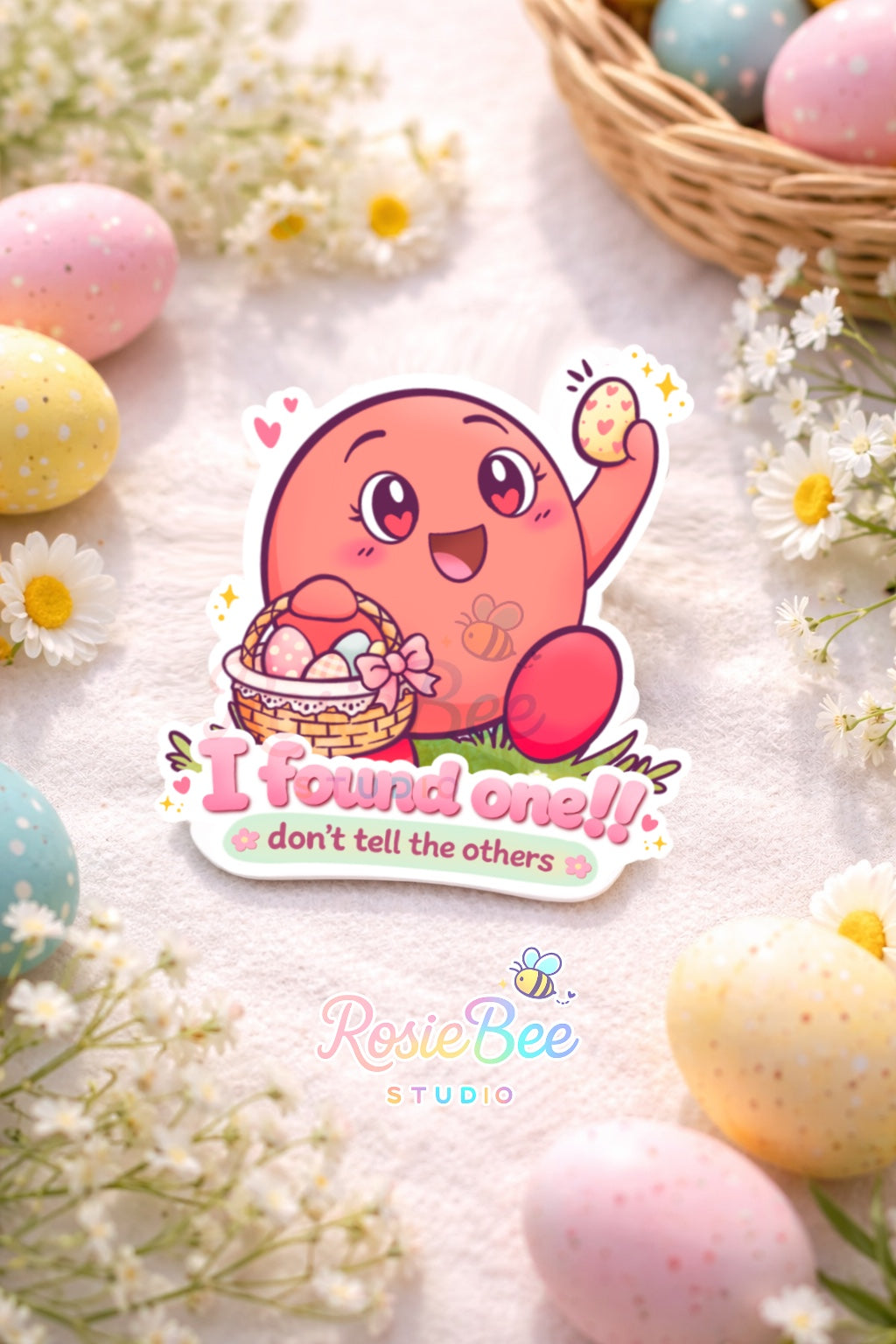 Glossy vinyl sticker van Moji Friend Liefde met de quote “I found one!! don’t tell the others”, liggend tussen pastel paaseieren en kleine witte bloemetjes.