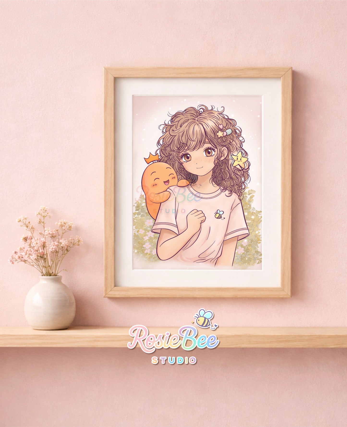 Moji Friend Moed en Hoop art print met meisje, oranje karakter en sterretje in pastel manga stijl.