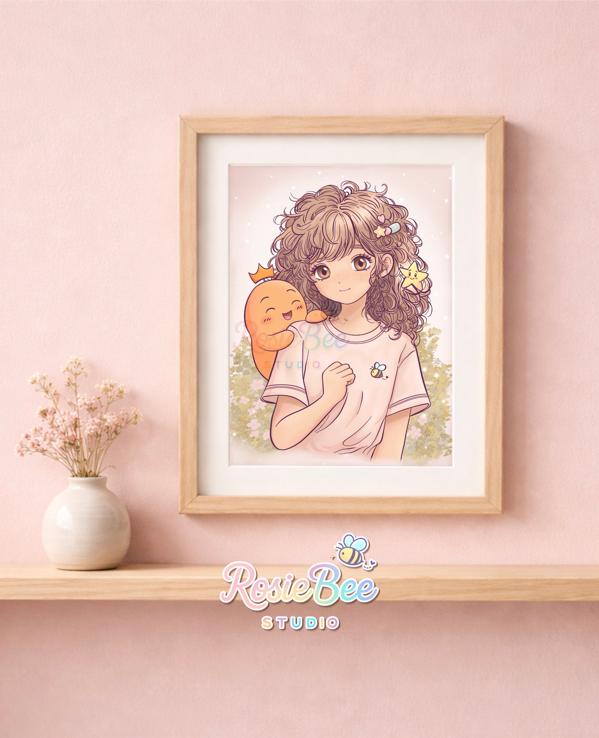 Moji Friend Moed en Hoop art print met meisje, oranje karakter en sterretje in pastel manga stijl.