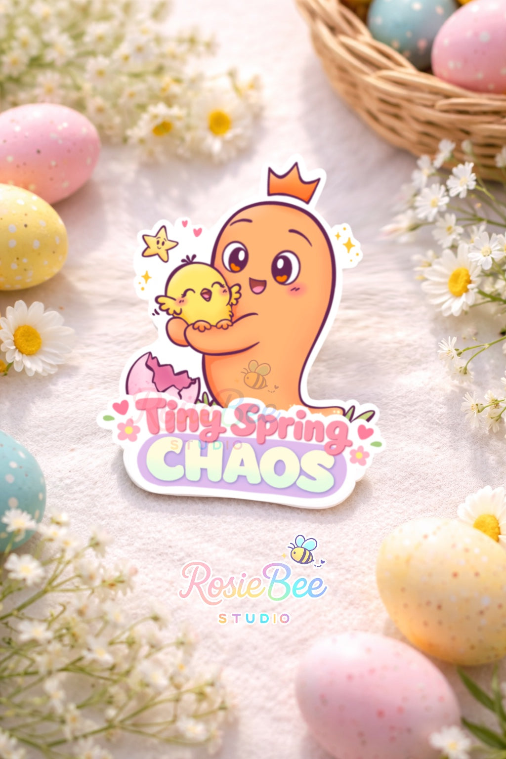 Glossy vinyl sticker van Moji Friend Moed met sterretje Hoop en een kuikentje, met de quote “Tiny Spring Chaos”, liggend tussen pastel paaseieren en kleine witte bloemetjes.