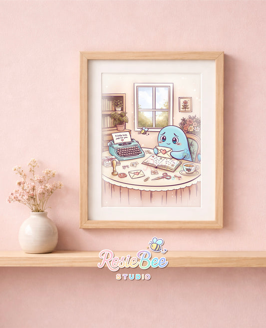 Moji Friend Verdriet art print met typemachine, envelop met hartje en cosy vintage bureau scene.