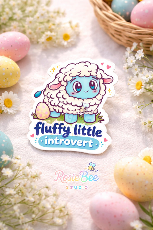 Glossy vinyl sticker van Moji Friend Verdriet als fluffy schaapje met de quote “Fluffy Little Introvert”, liggend tussen pastel paaseieren en kleine witte bloemetjes.