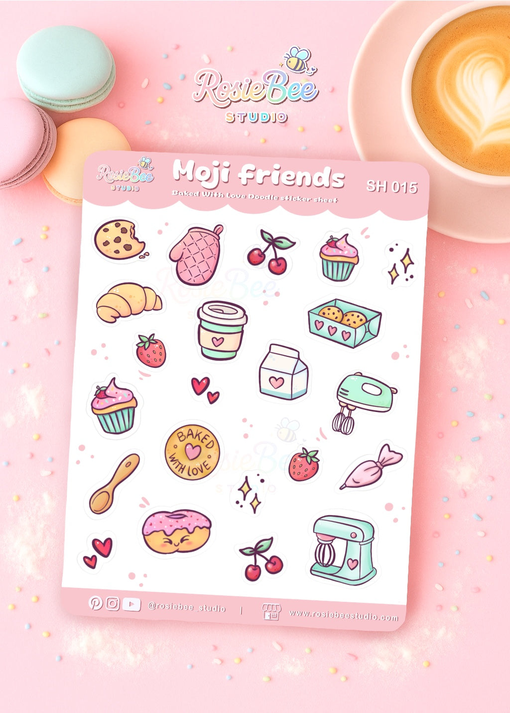 B6 stickervel “Baked With Love” Doodles SH015 van RosieBee Studio met bakery stickers zoals donut, cupcake, croissant, kersen, koffie, mixer, melk en cookie in pastelroze cosy café setting.