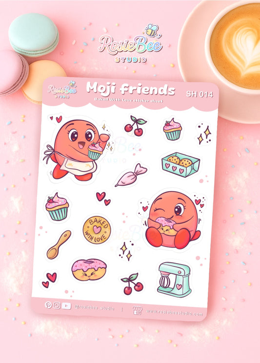 Moji Friends stickervel “Baked With Love” (SH014) van RosieBee Studio met Moji Friend Liefde en bakery stickers zoals cupcake, donut, koekjesdoosje, kersen, houten lepel en mixer, in pastelroze café setting.