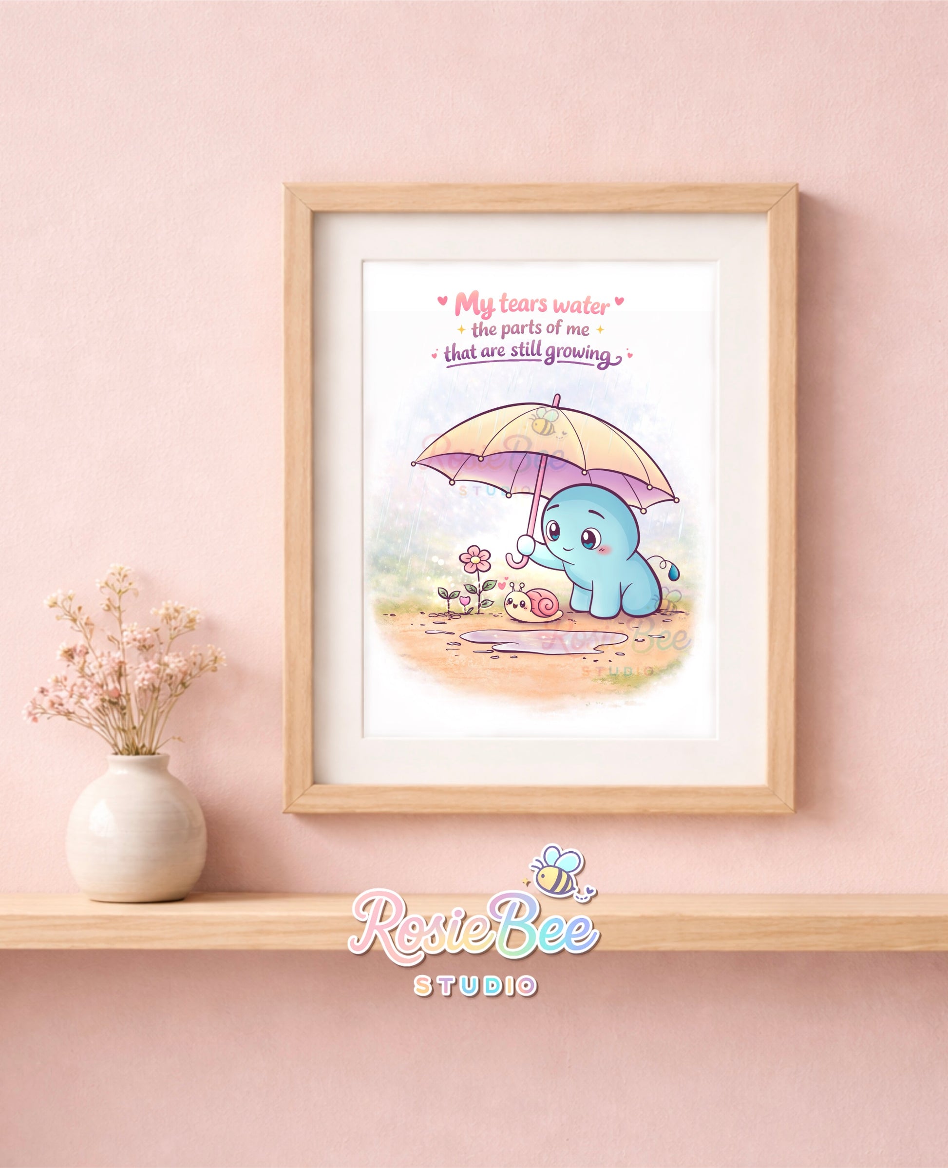 Art print van Moji Friend Verdriet met de quote “My Tears Water the Parts of Me That Are Still Growing”. Verkrijgbaar in A4, A5 en A6 en gedrukt op 230 g/m² canvas fotopapier.