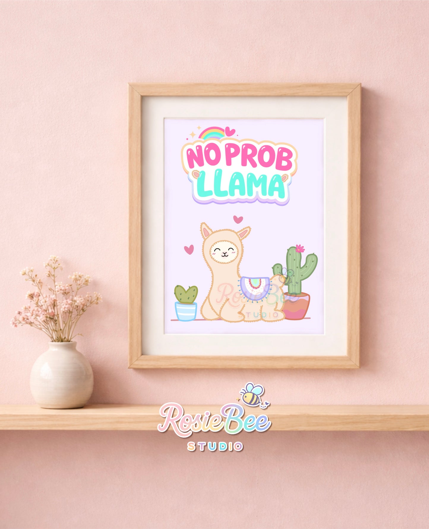 Schattige No Prob Llama art print met pastel lama illustratie en cactus.