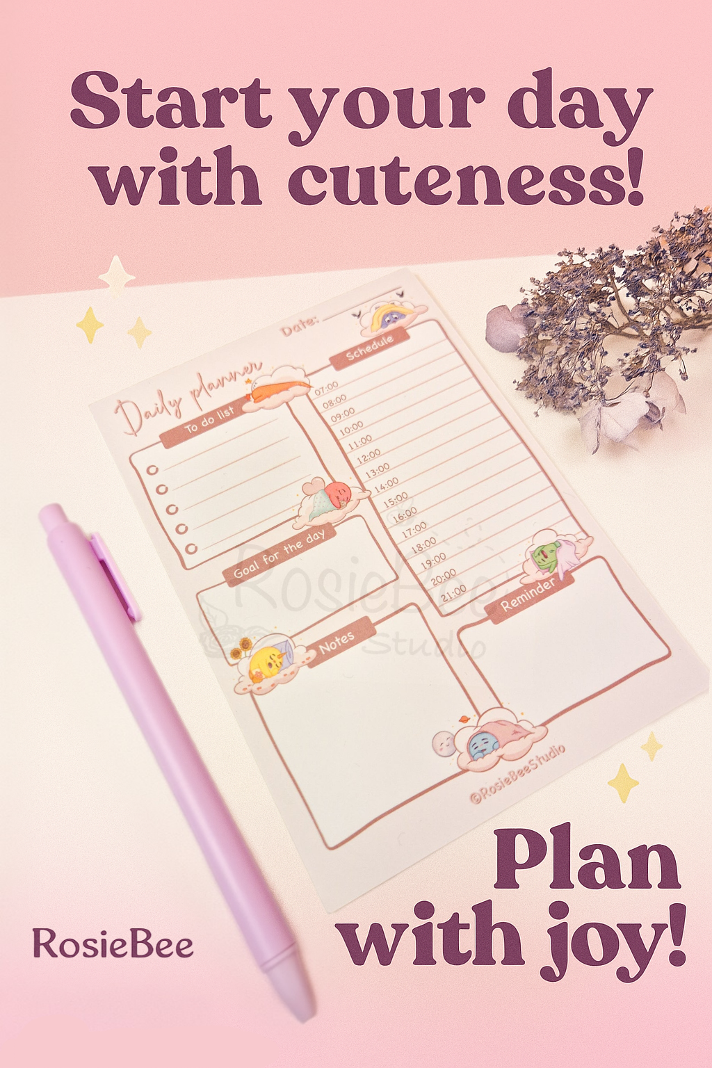 Pastel A6 daily planner notepad featuring cute Moji Friends cloud characters, with to-do list, schedule, notes, and reminders. Kawaii stationery on a white desk with lavender pen and dried flowers.
