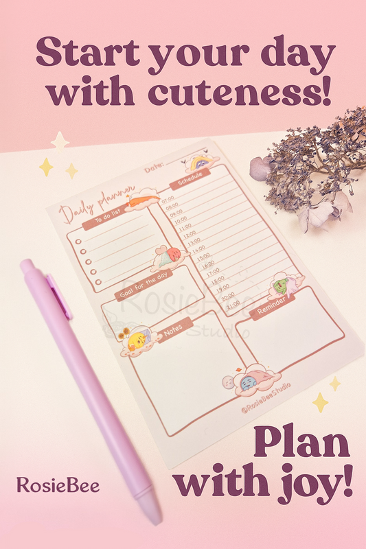 Pastel A6 daily planner notepad featuring cute Moji Friends cloud characters, with to-do list, schedule, notes, and reminders. Kawaii stationery on a white desk with lavender pen and dried flowers.