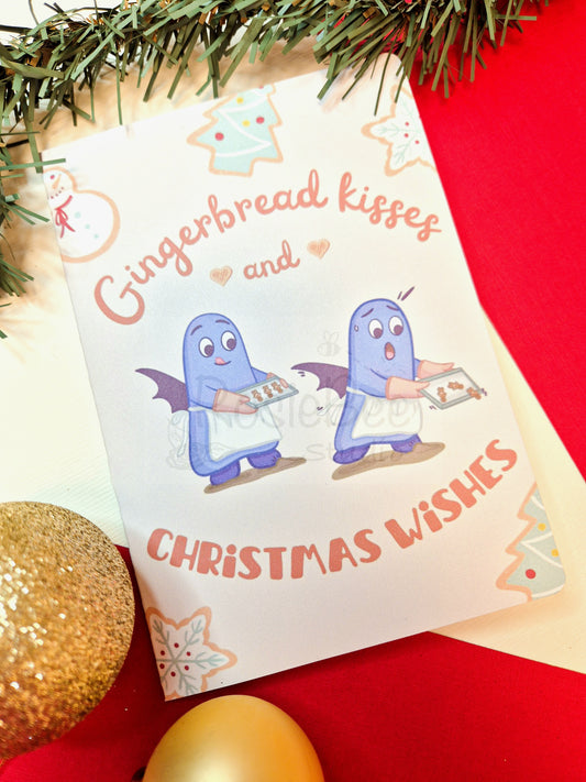 "Gingerbread Kisses, And Christmas Wishes" Greeting Card - Moji Friends Christmas Collection | Festive Kawaii Christmas Decor | CC005