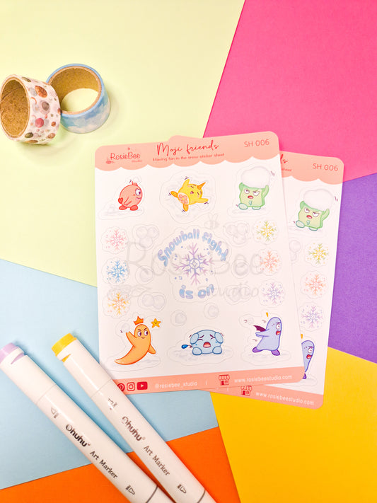 Having Fun In The Snow B6 Sticker Sheet - Cute Moji Friends Mixed Winter Design With Quote | Kawaii Christmas Pastel Snowflakes Planner Stickers | SH006