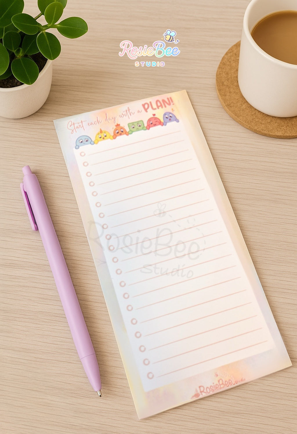 Start Each Day With A Plan DL To-Do List Pad – 50 pages | Kawaii Colourful Pastel Stationery with Moji Friends Design