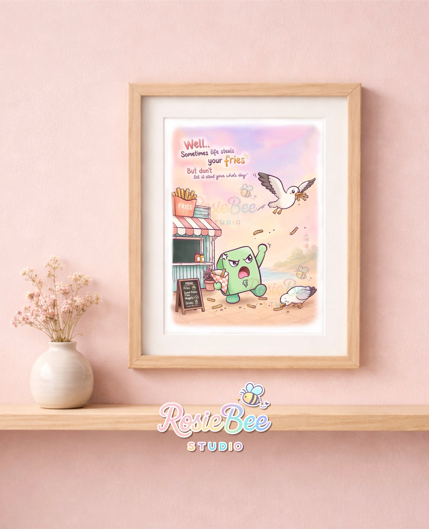 Art print van Moji Friend Boosheid met de quote “Sometimes Life Steals Your Fries”. Verkrijgbaar in A4, A5 en A6 en gedrukt op 230 g/m² canvas fotopapier.