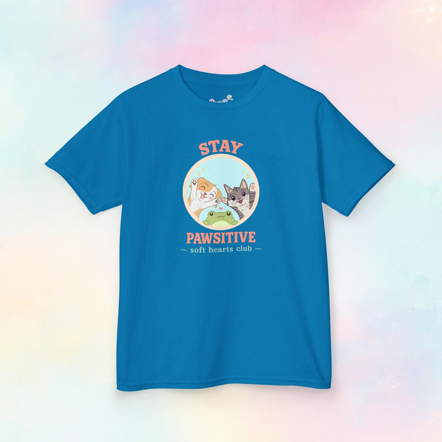 Stay Pawsitive kinder T-shirt met positieve boodschap – vrolijke kinderkleding van RosieBee Studio