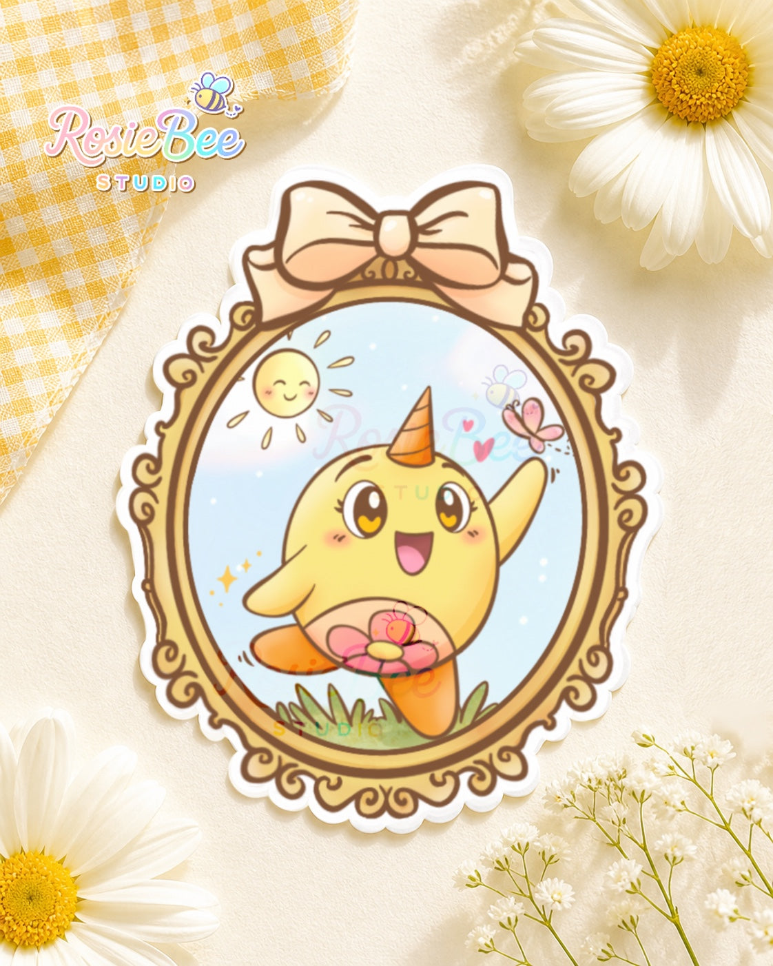 sunbeam smiles moji friend blijheid vinyl sticker met zonnetje en gouden frame rosiebee studio