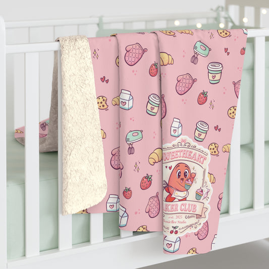 Sweetheart Bakery Doodle Club fleece deken met Moji Friend Liefde en pastel Cosy Café doodles, met fluffy sherpa achterkant.  