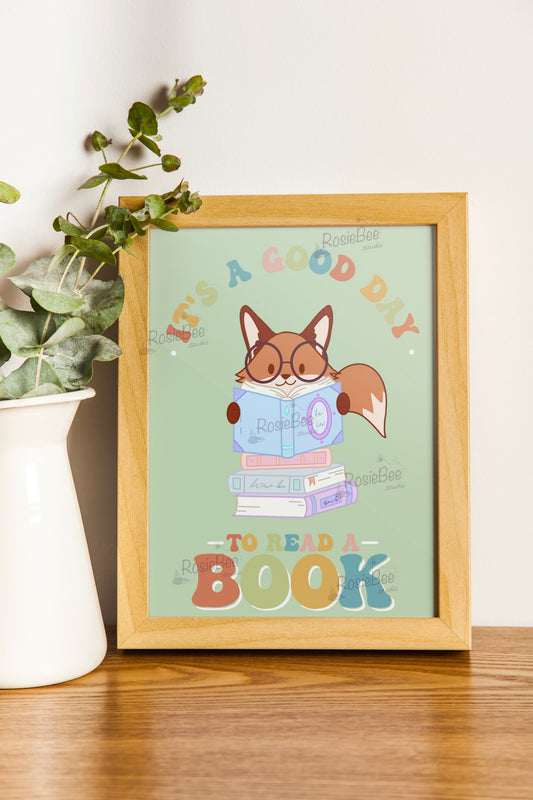 It's A Good Day To Read A Book Art Print | Kawaii Reading Fox Wall Decor Illustration | Cute Fantasy Home Decor