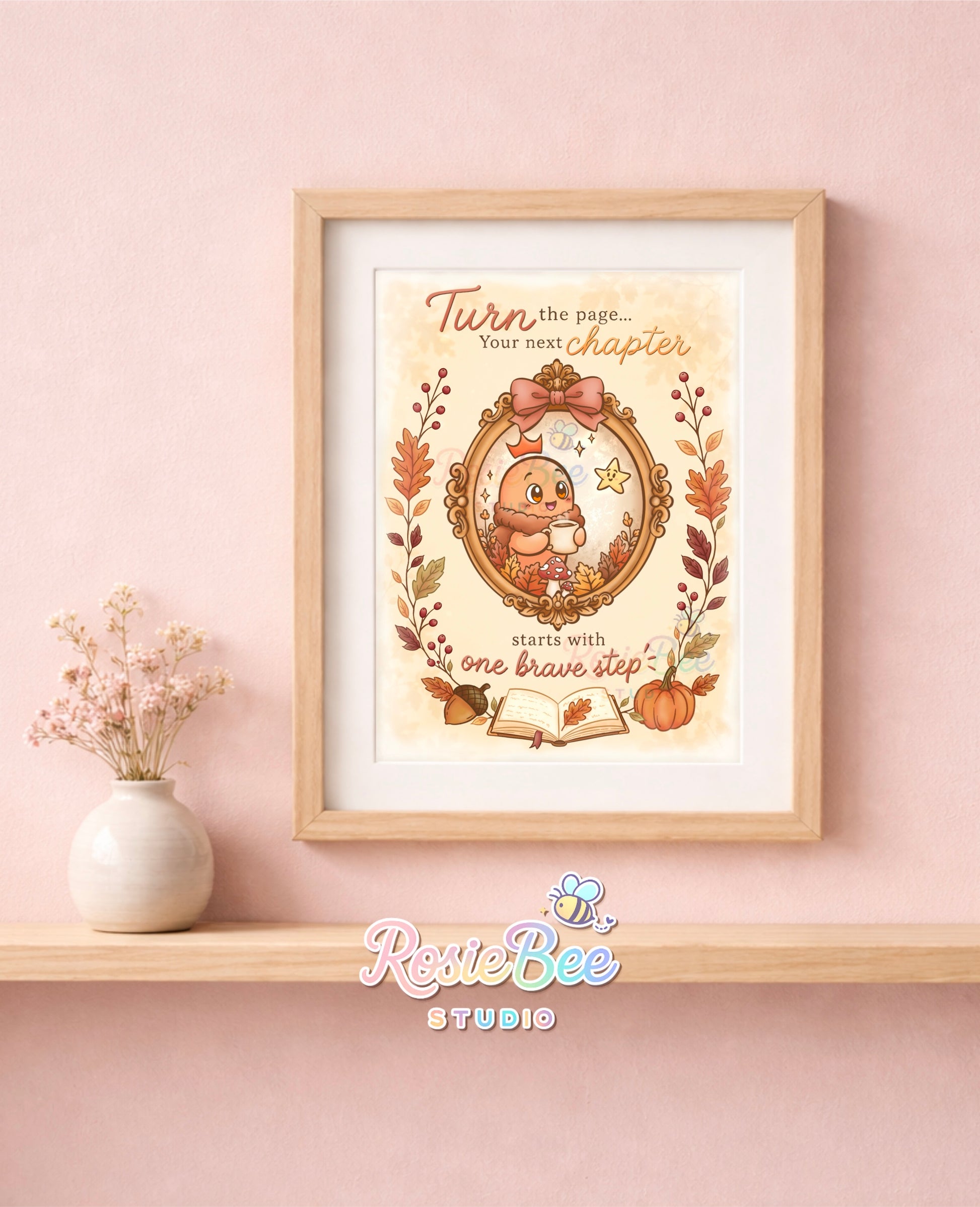 Turn the Page art print uit de A New Chapter herfstcollectie van RosieBee Studio met Moji Friend Moed, sterretje Hoop, herfstbladeren en een open boek.