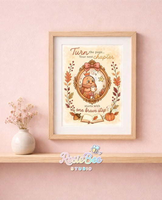 Turn the Page art print uit de A New Chapter herfstcollectie van RosieBee Studio met Moji Friend Moed, sterretje Hoop, herfstbladeren en een open boek.
