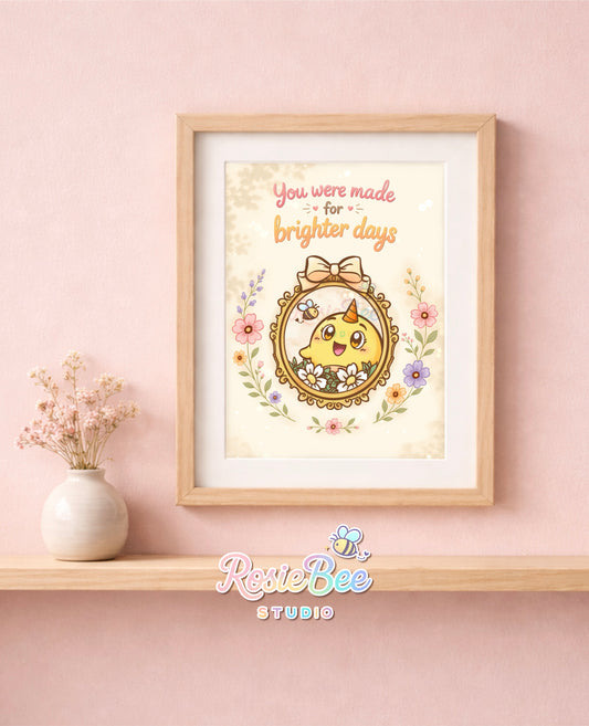 Pastel kawaii art print van Moji Friend Blijheid met de quote “You were made for brighter days” van RosieBee Studio.